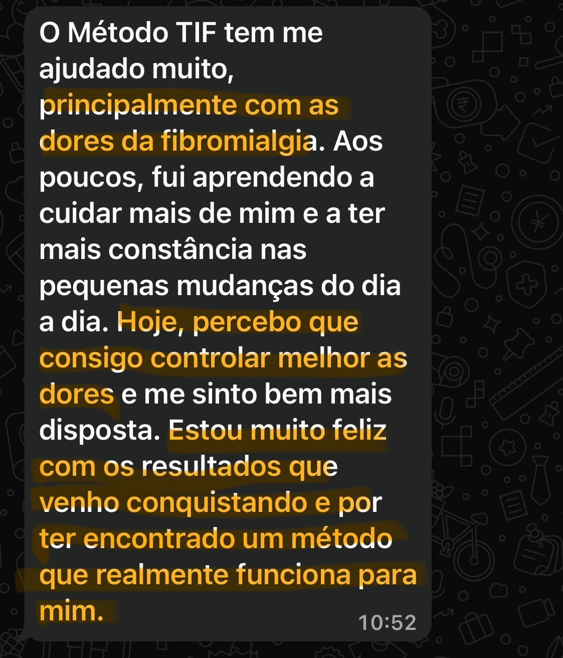 Print de mensagem de aluna dizendo que consegue controlar melhor as dores