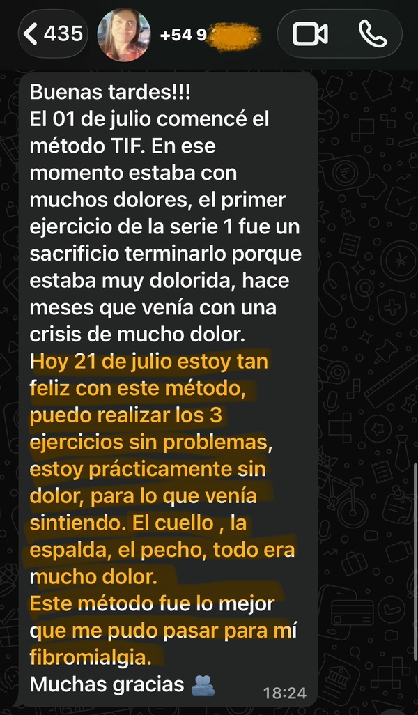 Print de mensagem em espanhol de aluna da Argentina relatando que está praticamente sem dor