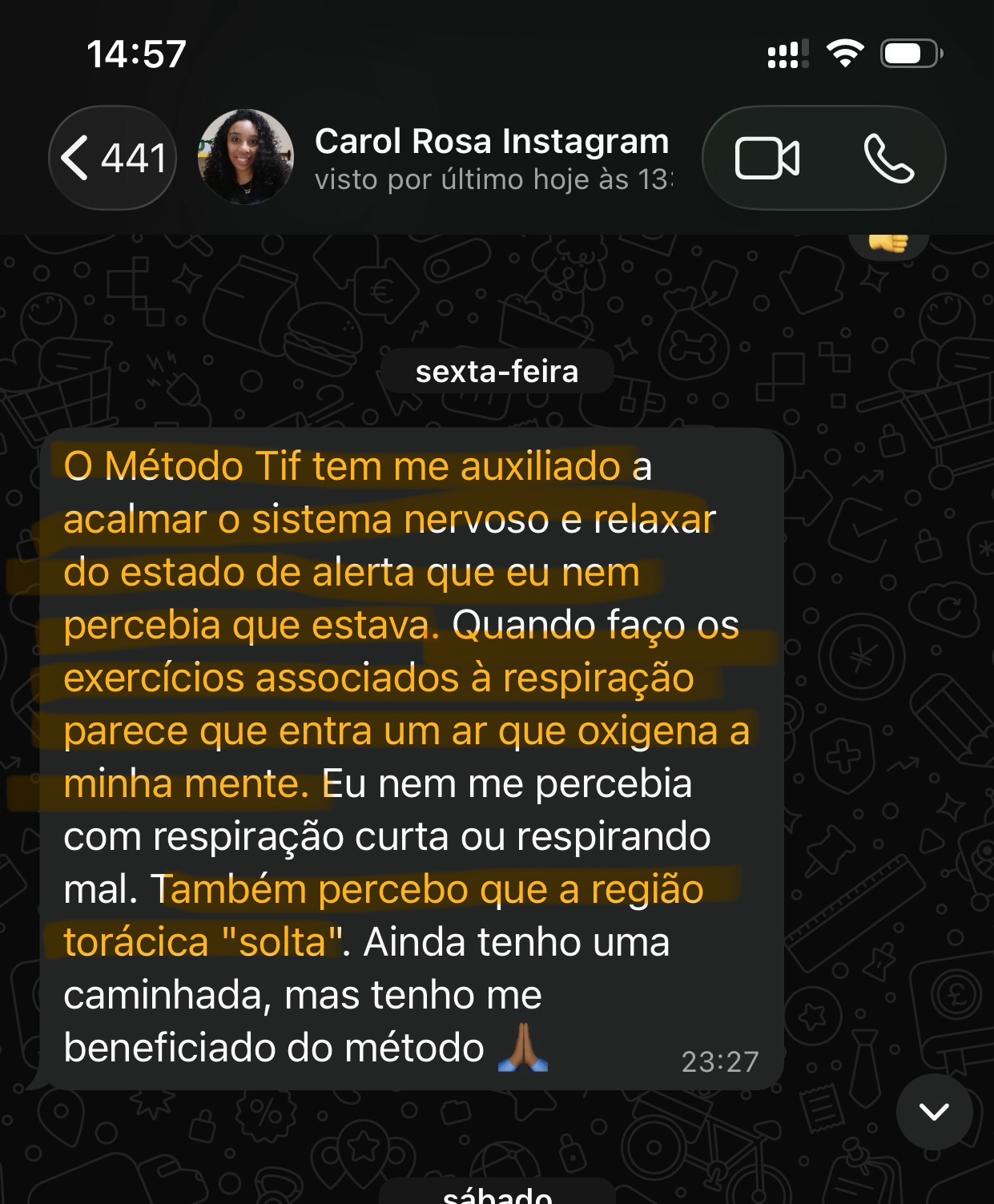 Print de mensagem da aluna Carol Rosa sobre os exercícios de respiração e regulação do sistema nervoso