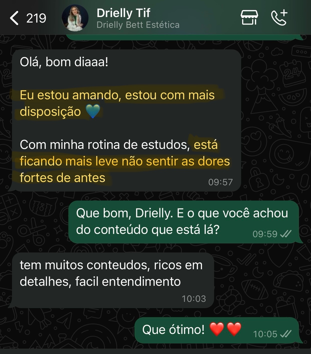 Print de mensagem da aluna Drielly dizendo que está com mais disposição