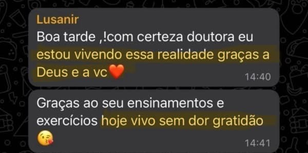 Print de mensagem da aluna Lusanir agradecendo por viver sem dor