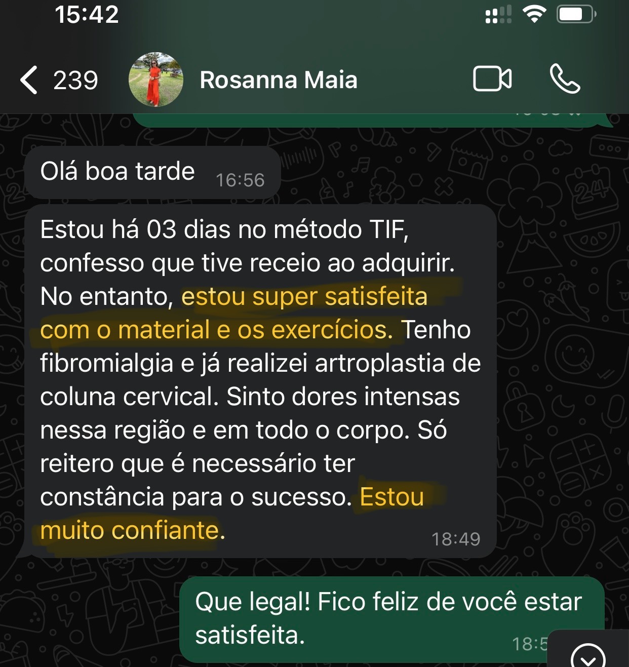 Print de mensagem da aluna Rosanna Maia sobre os primeiros dias no programa